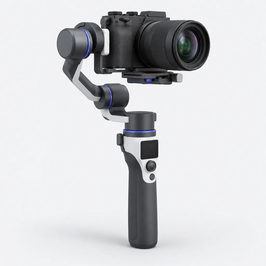 Illustration of a generic handheld camera gimbal with a mirrorless camera, not a specific model