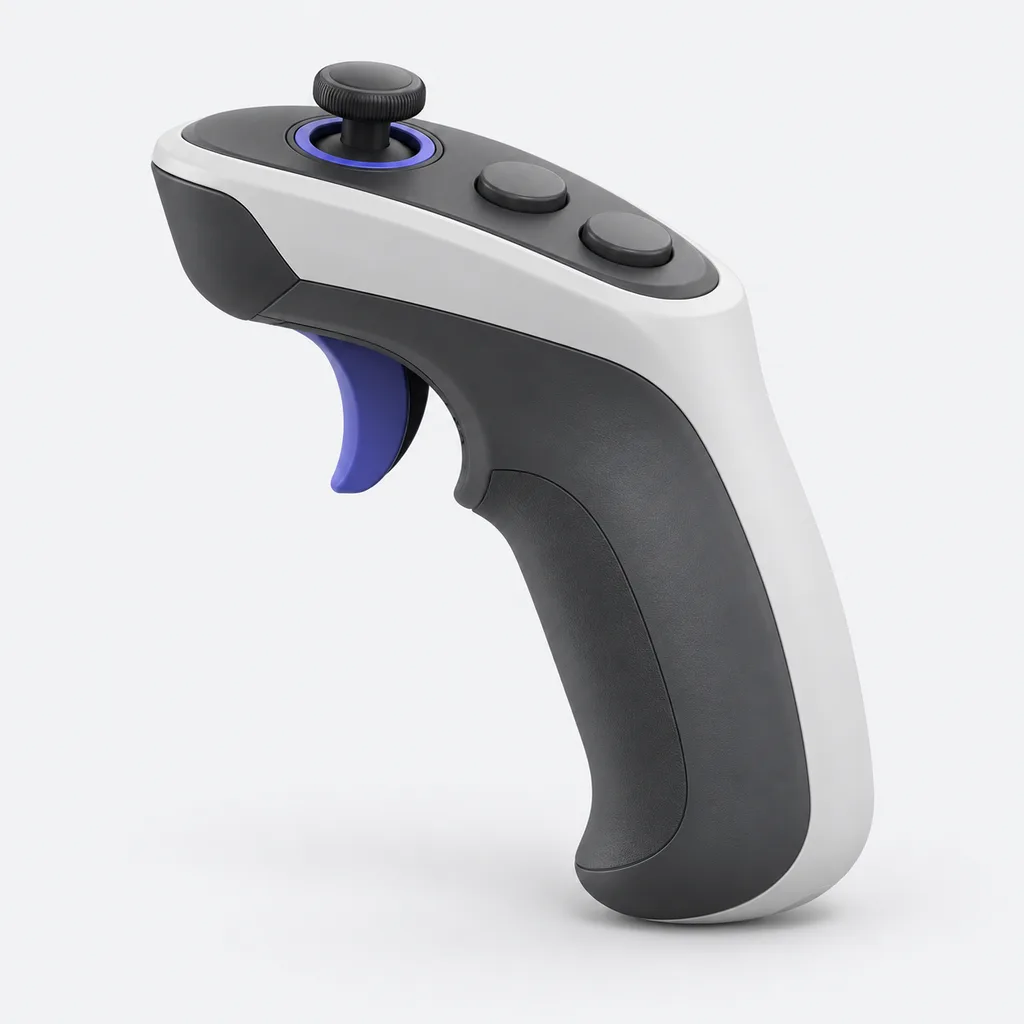 Illustration of a generic one-handed motion controller for FPV drones, not a specific model