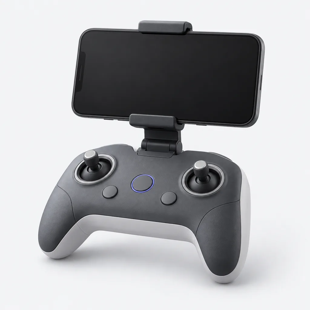 Illustration of a generic drone remote controller holding a smartphone, not a specific model