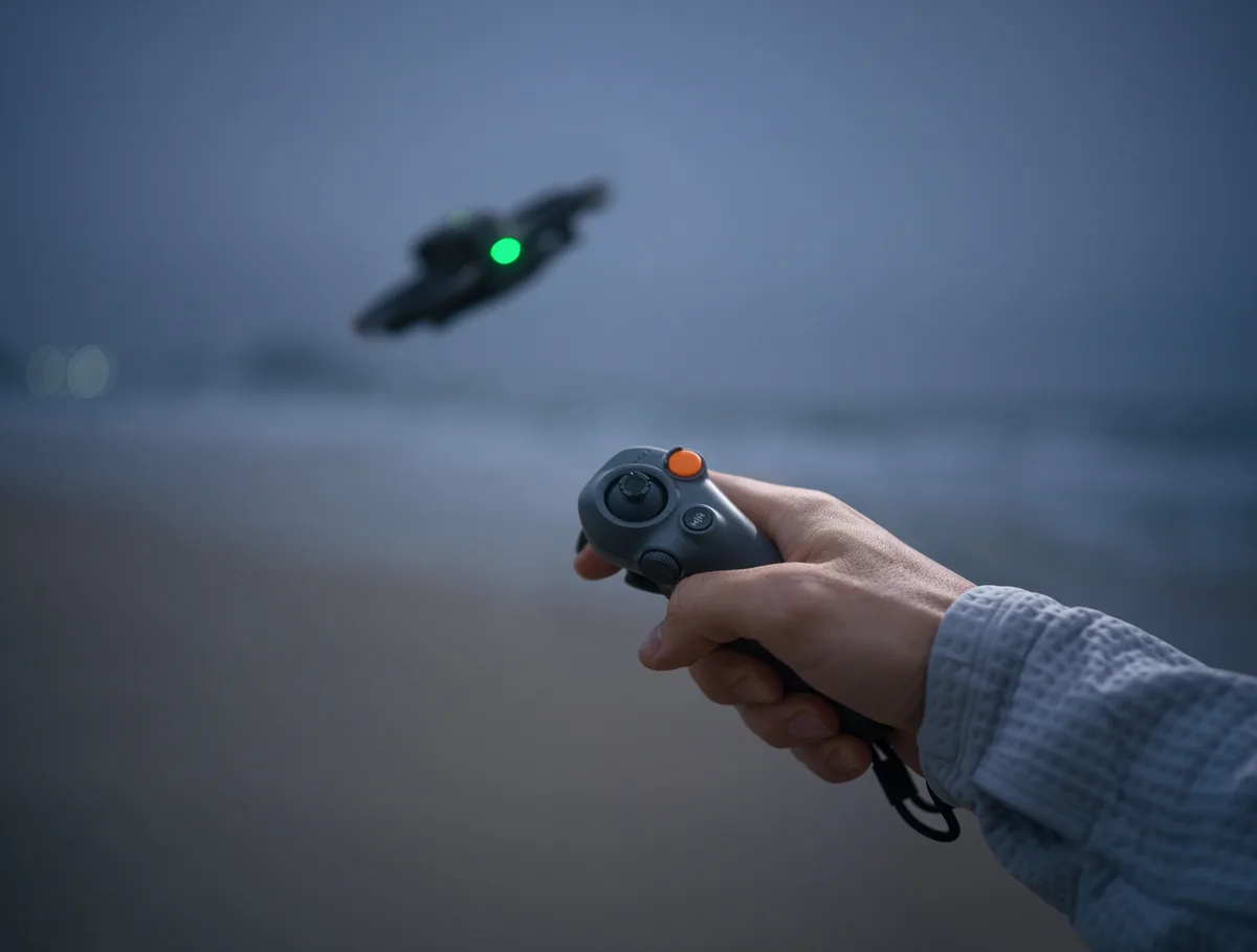 DJI RC Motion 3 motion controller held in one hand, a drone flying behind