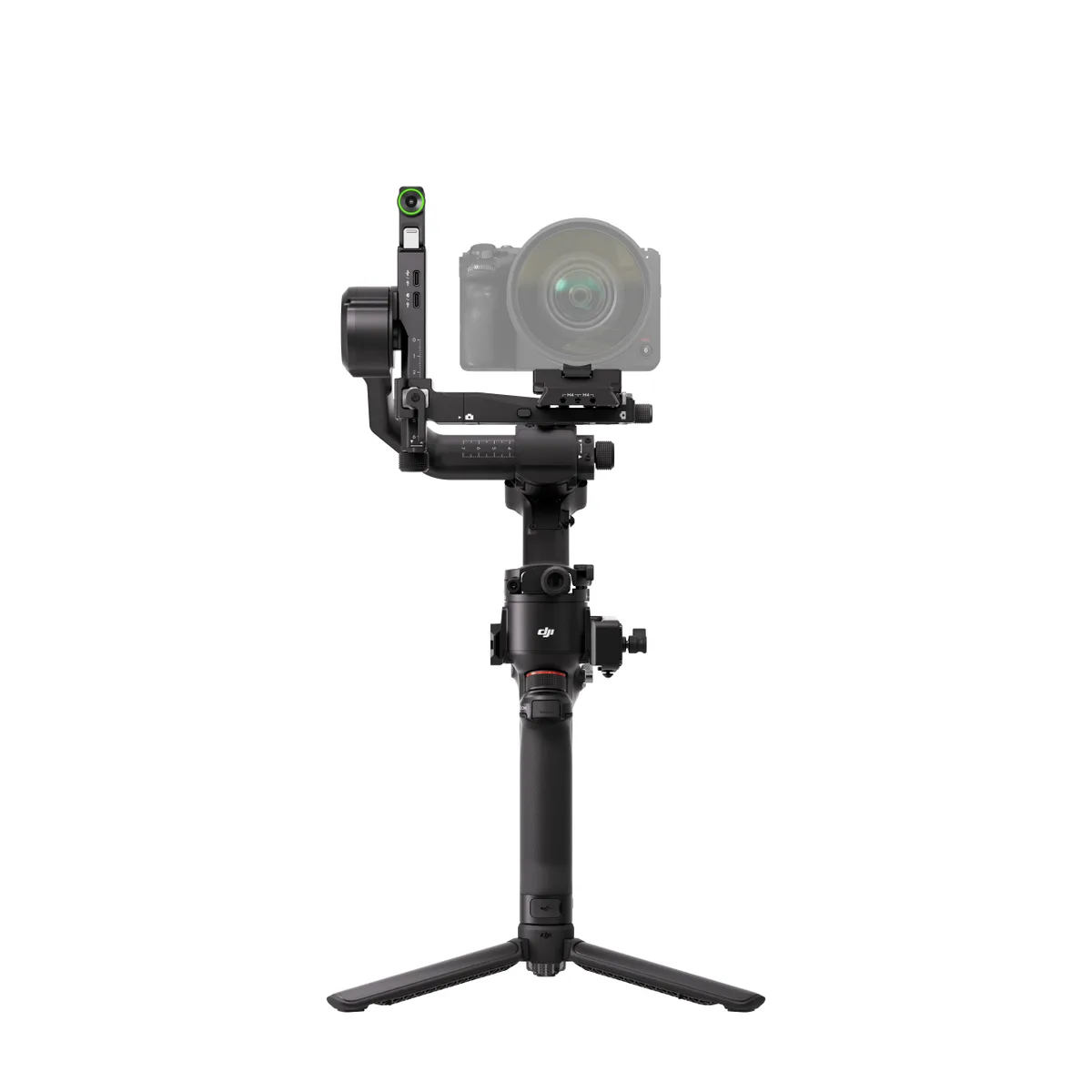 DJI RS 5 camera gimbal on its tripod with a mirrorless camera mounted, front view